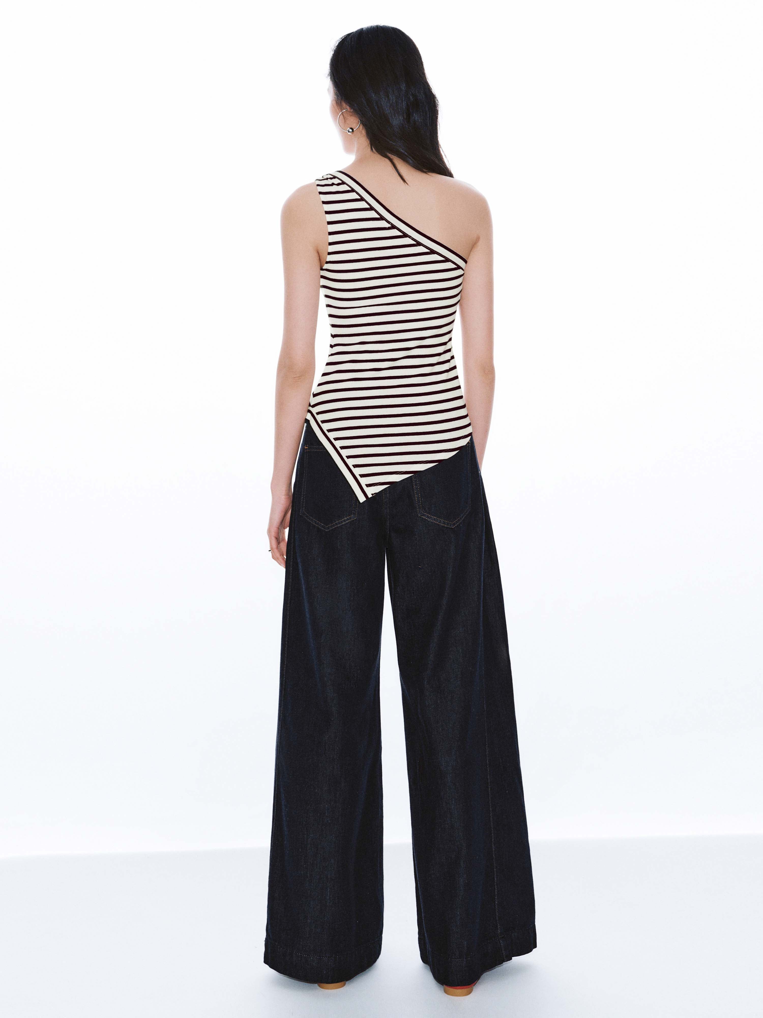 One-Shoulder Asymmetric Striped Tank Tops