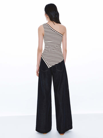 One-Shoulder Asymmetric Striped Tank Tops
