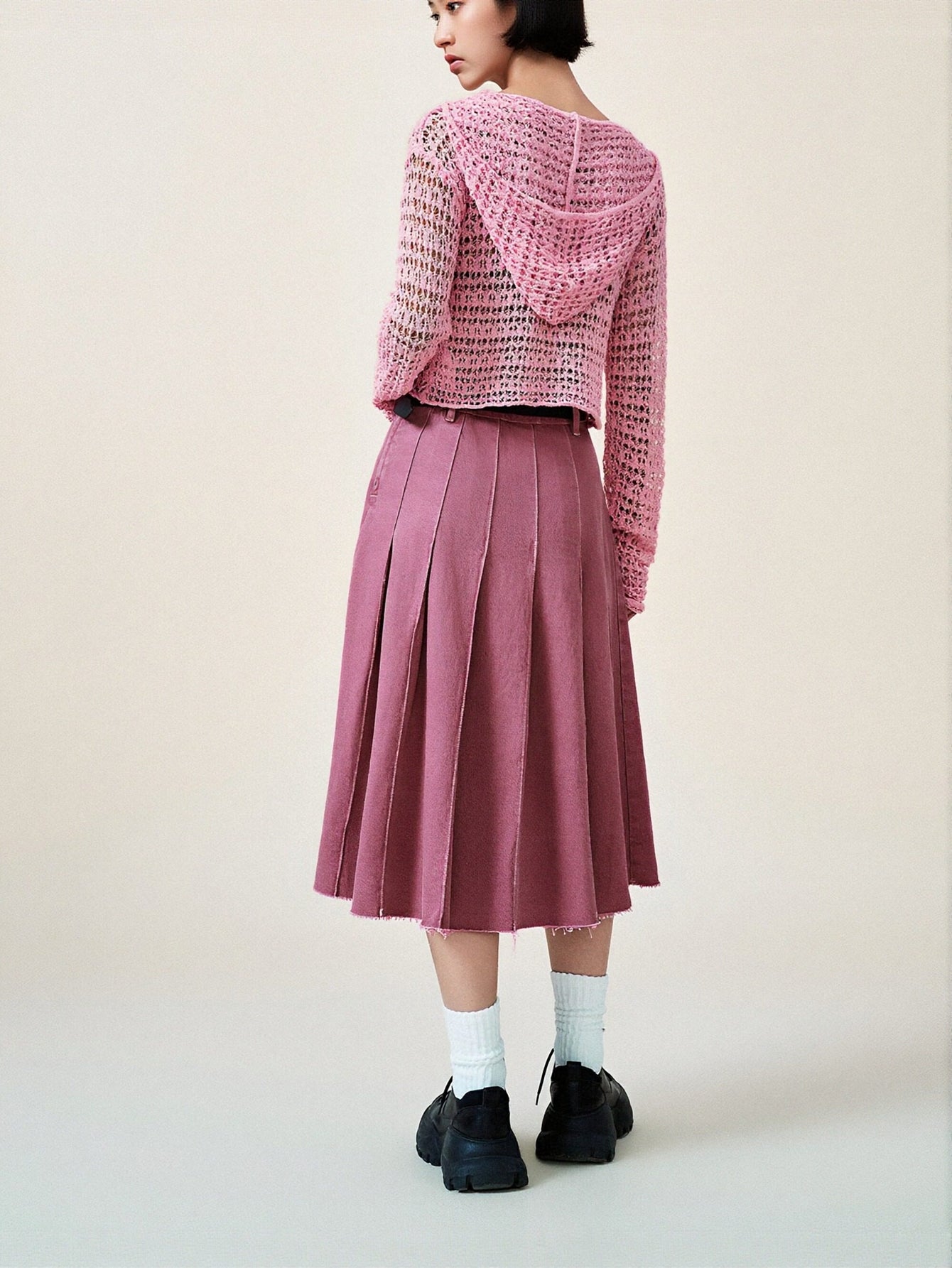 Urban Revivo Pleated Midi Denim Skirt-Cold Pink