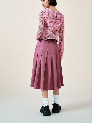 Urban Revivo Pleated Midi Denim Skirt-Cold Pink