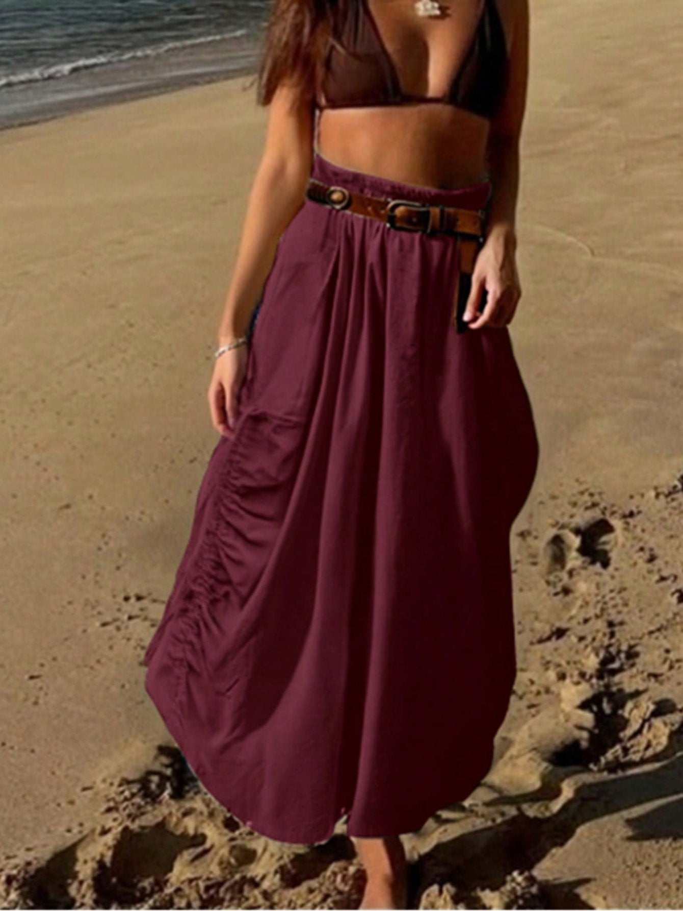 Boho Pleated High Waisted Maxi Skirt