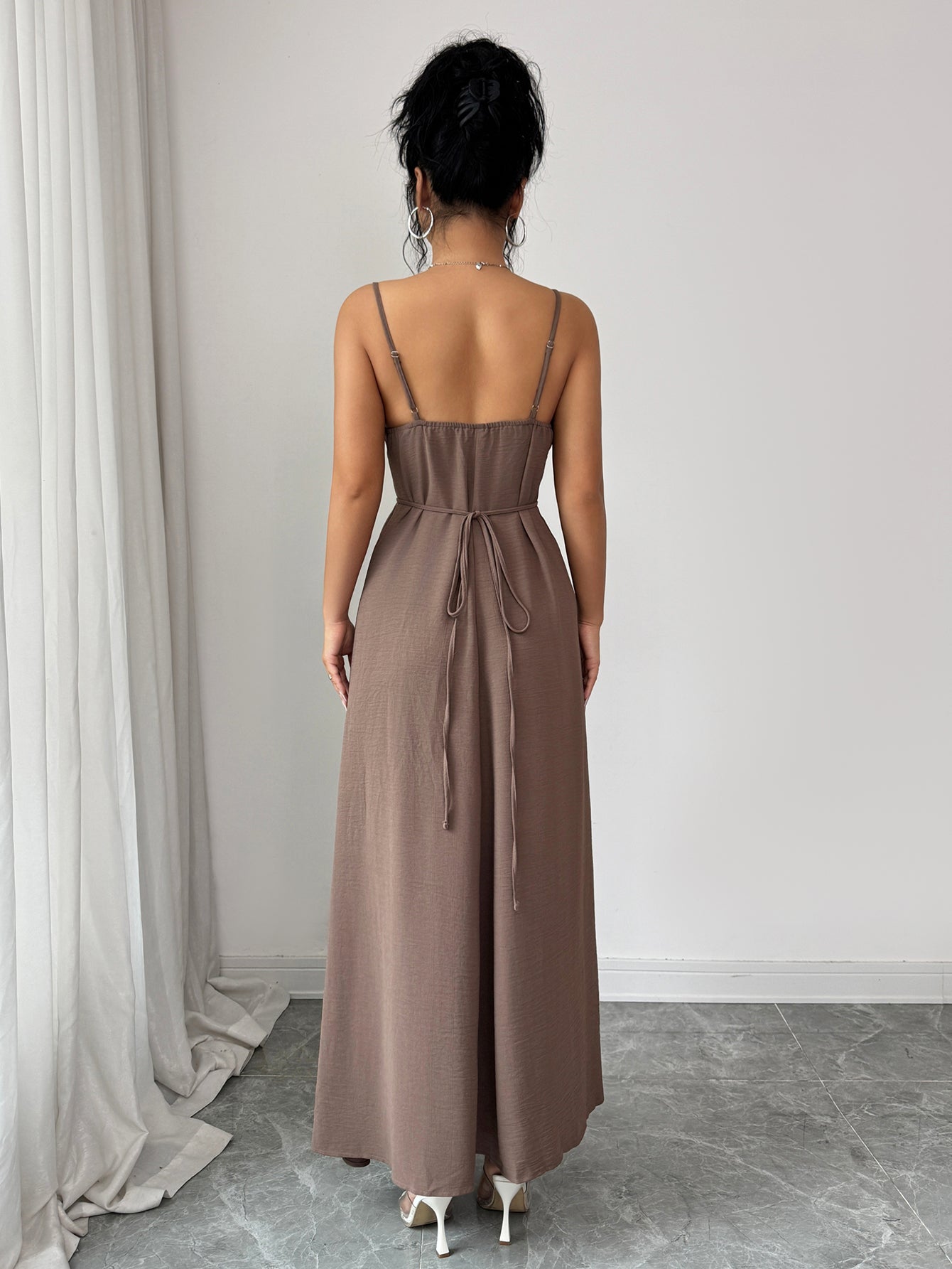 Spaghetti-Strap Cinched-Waist Draped Evening Maxi Dress-Khaki