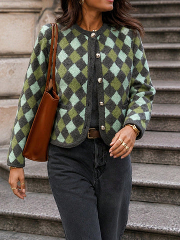 Cozy Argyle Pattern Knit Cardigan