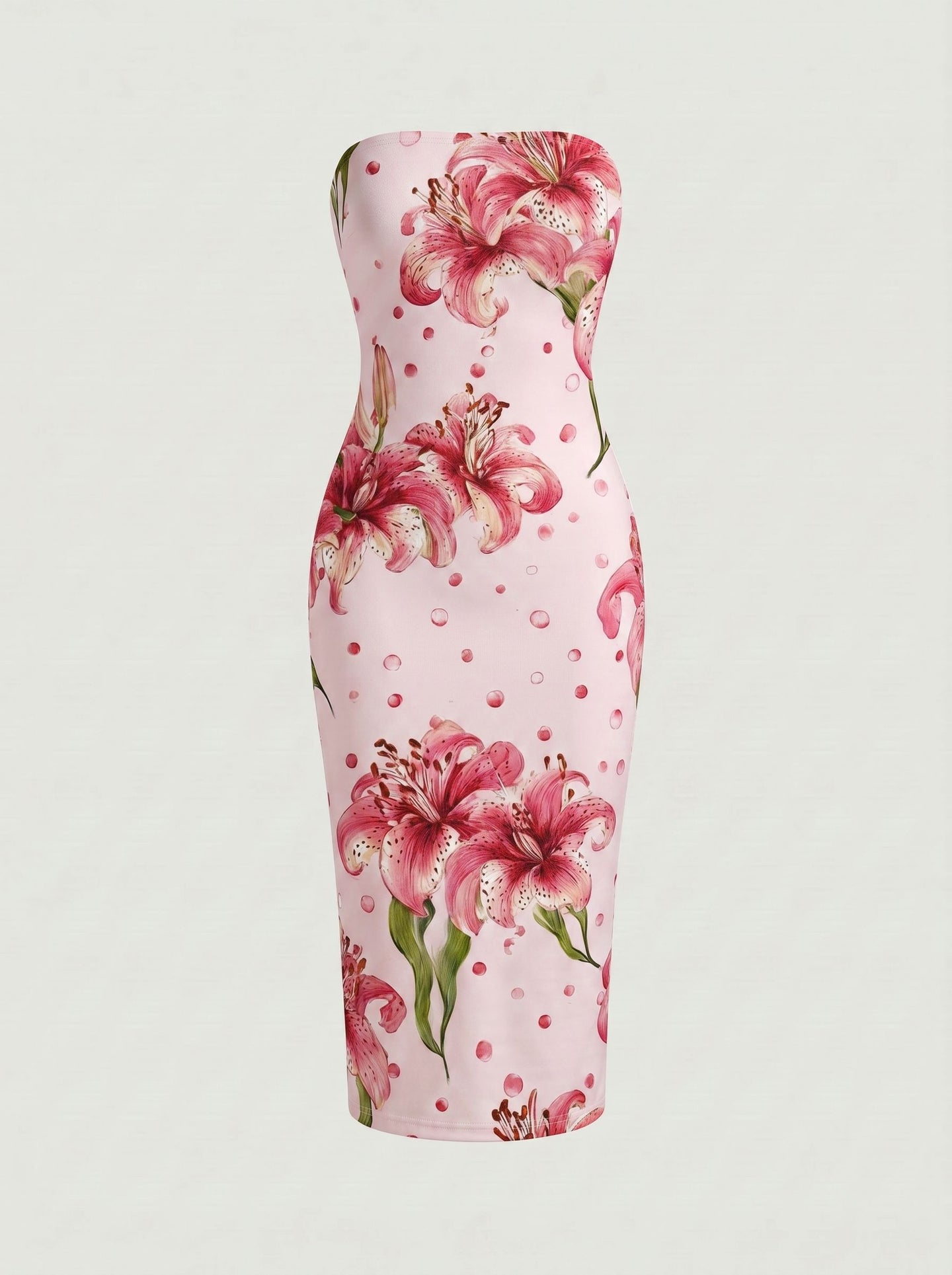 MAIA Pink Lily Print Strapless Sheath Midi Dress