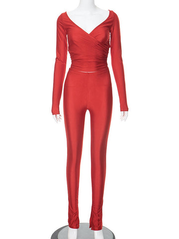 Sexy V Neck Slim Pants Set