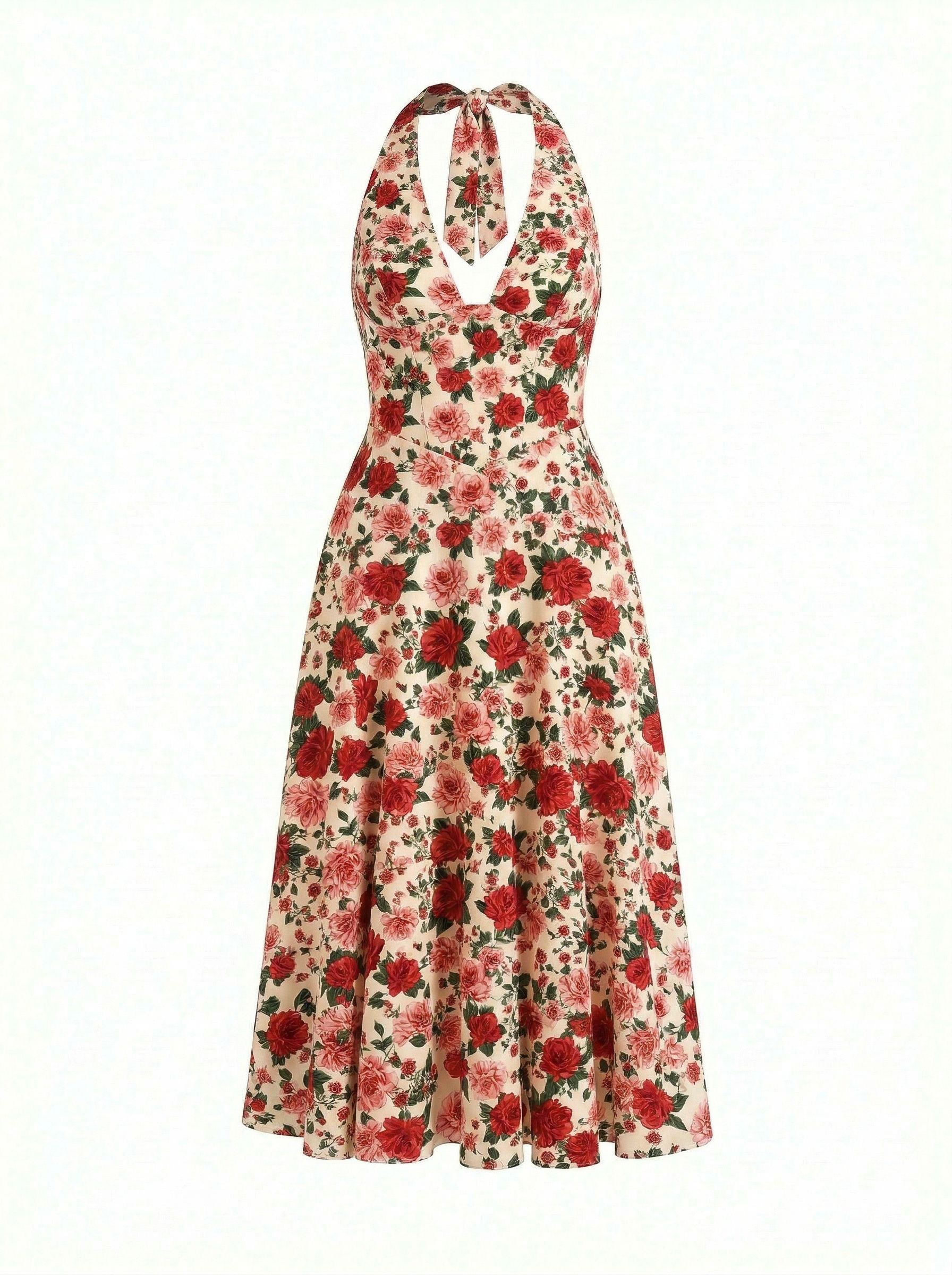 Floral Print Halter Neck Tie Back Midi Dress