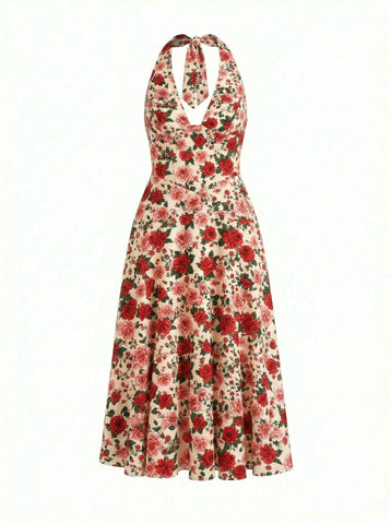 Floral Print Halter Neck Tie Back Midi Dress