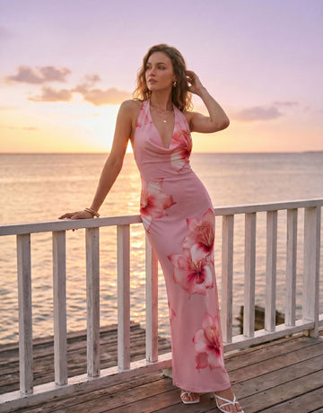 LILA Floral Print Cowl Neck Bodycon Midi Dress