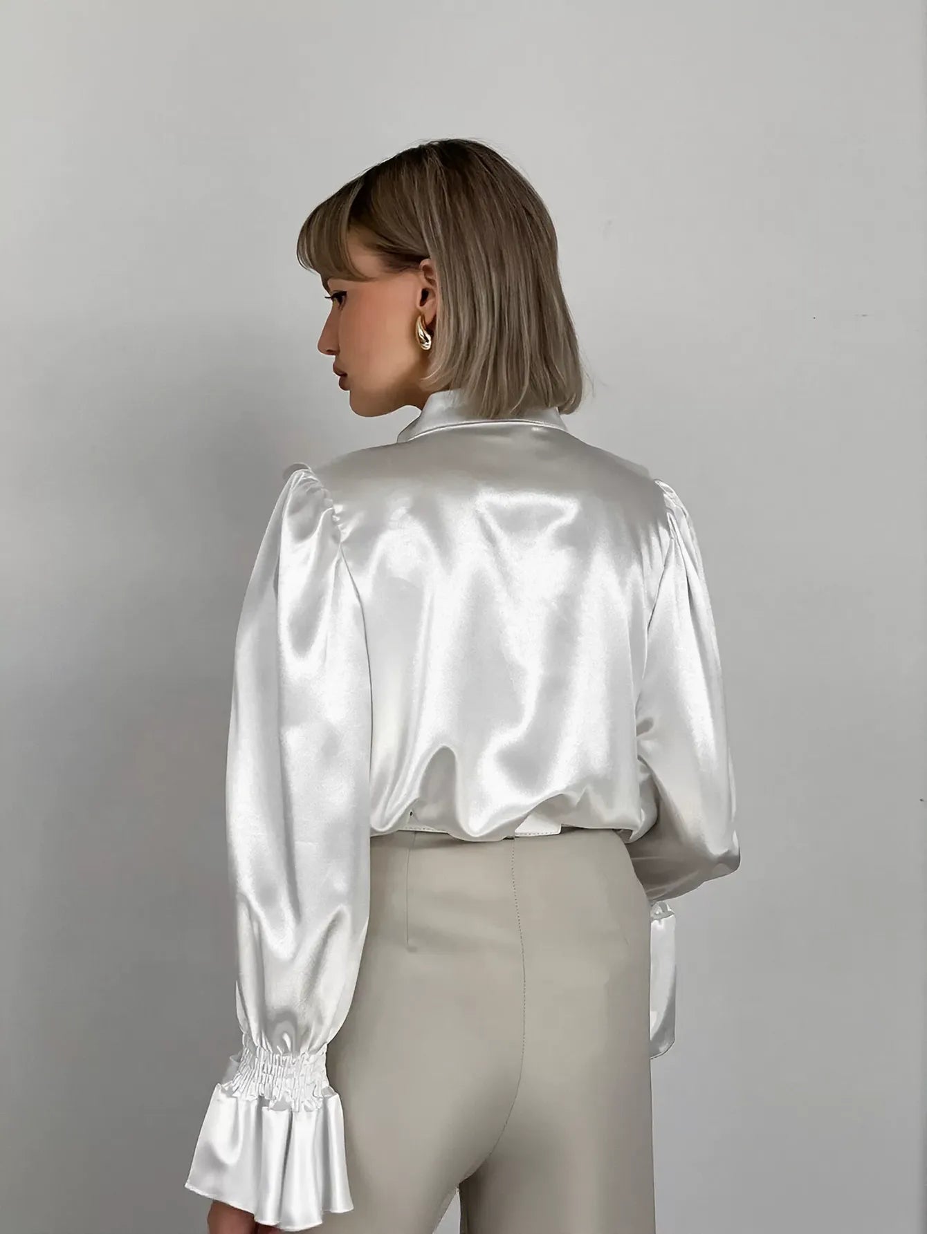 Ruffled Satin Button Down Blouse