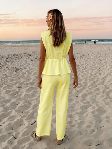 Yellow Striped Sleeveless Pants Set