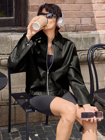Oversized Zip Up Faux Leather Jacket