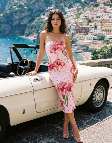 MAIA Floral Print Strapless Sheath Midi Dress