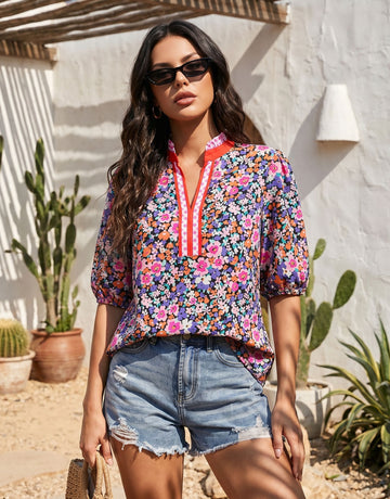 Floral Print Split Neck Pullover