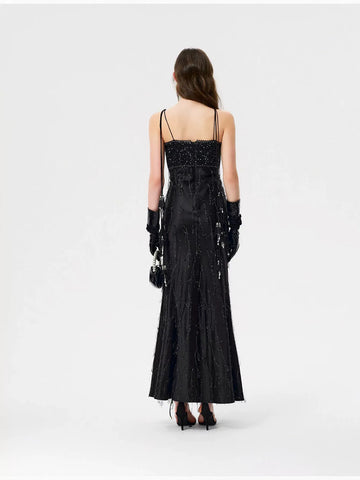 Embellished Satin V Neck Maxi Dress