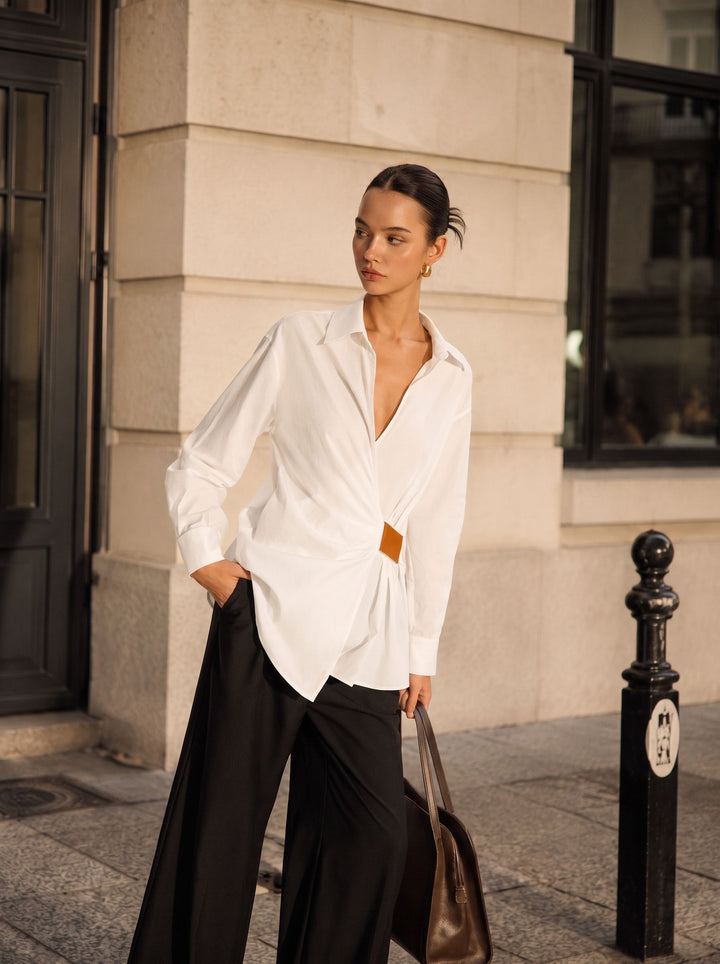 Elegant Ruched Waist Button Down Shirt
