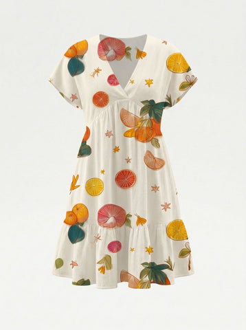 Floral Print V Neck Tiered Babydoll Mini Dress