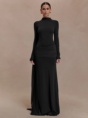 Elegant Ruched Mock Neck Maxi Dress