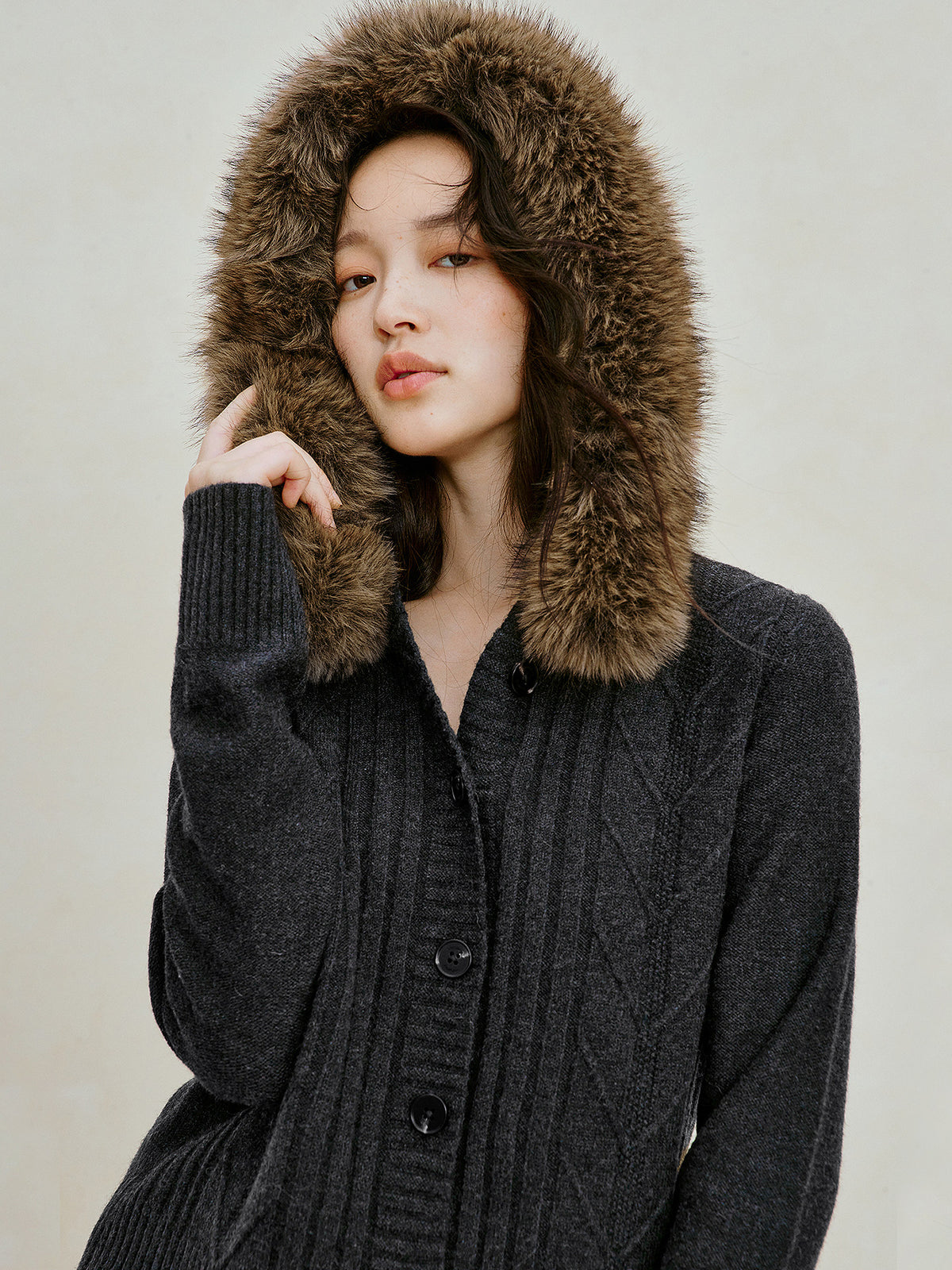 Detachable Faux Fur Trim Wool Cardigan