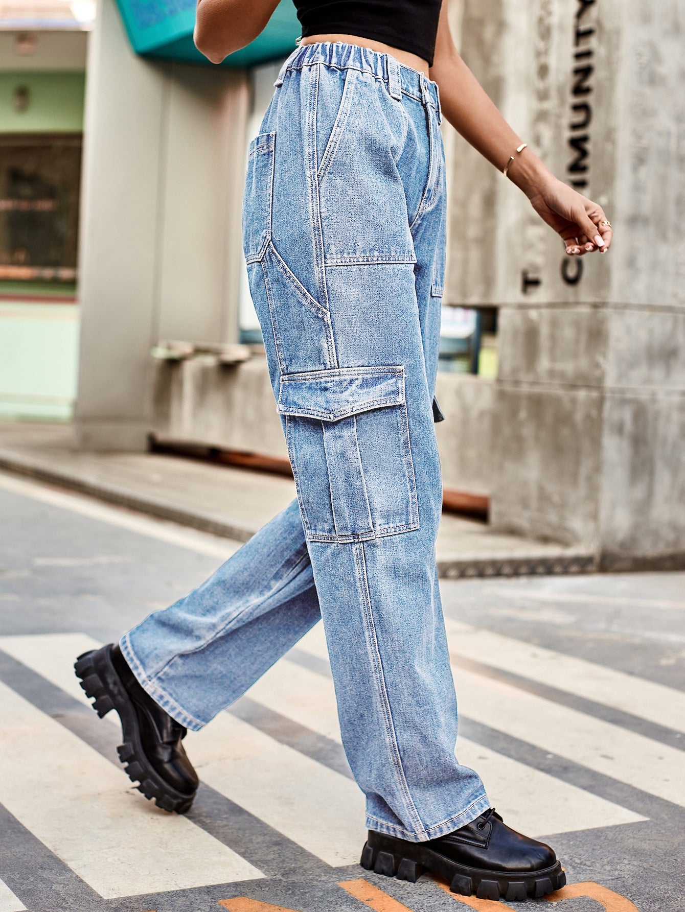 High Waisted Cargo Denim Jeans