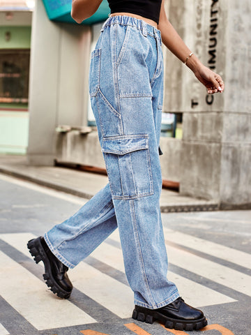 High Waisted Cargo Denim Jeans