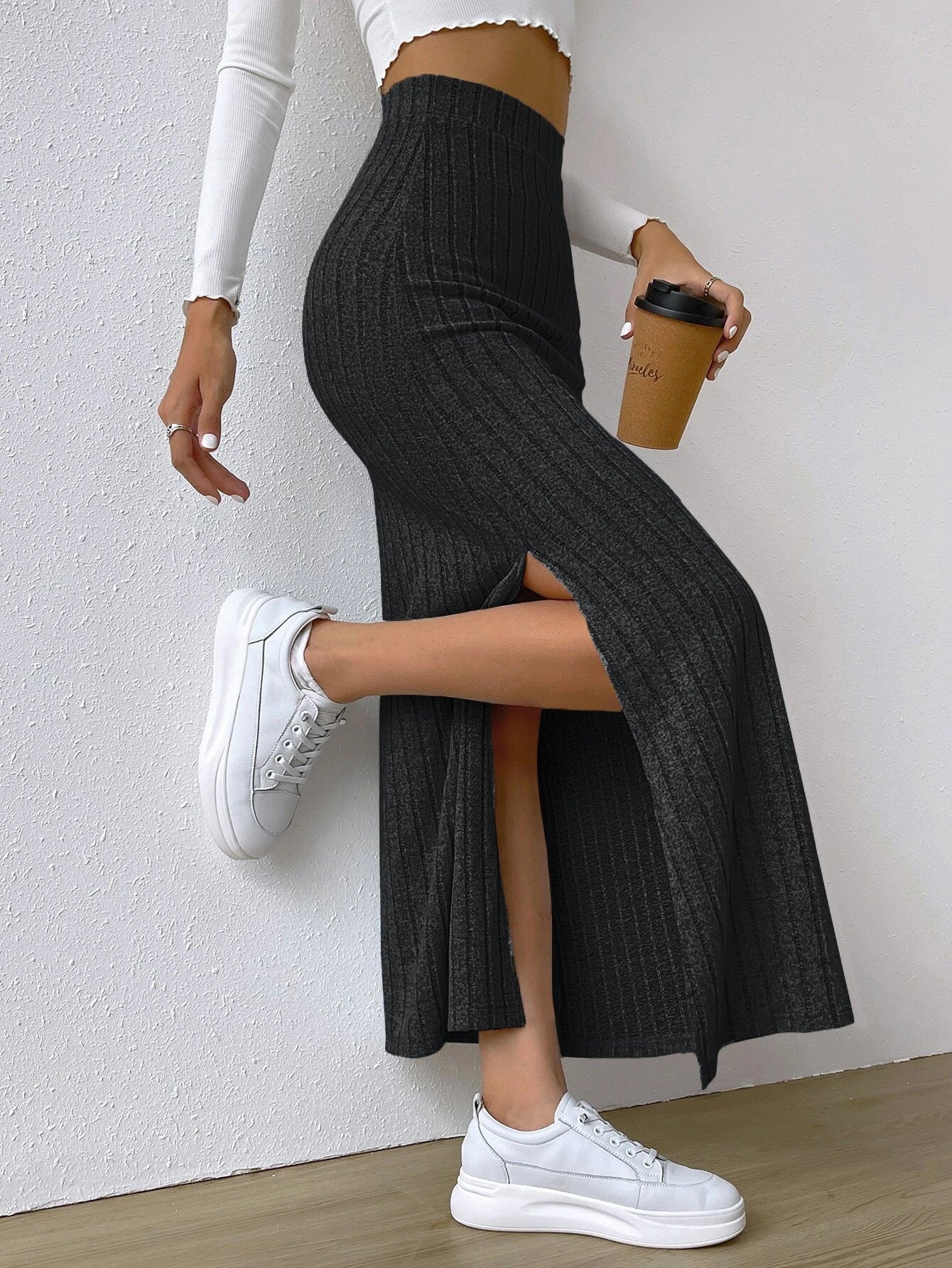 High Waisted Ribbed Slit Midi Skirt