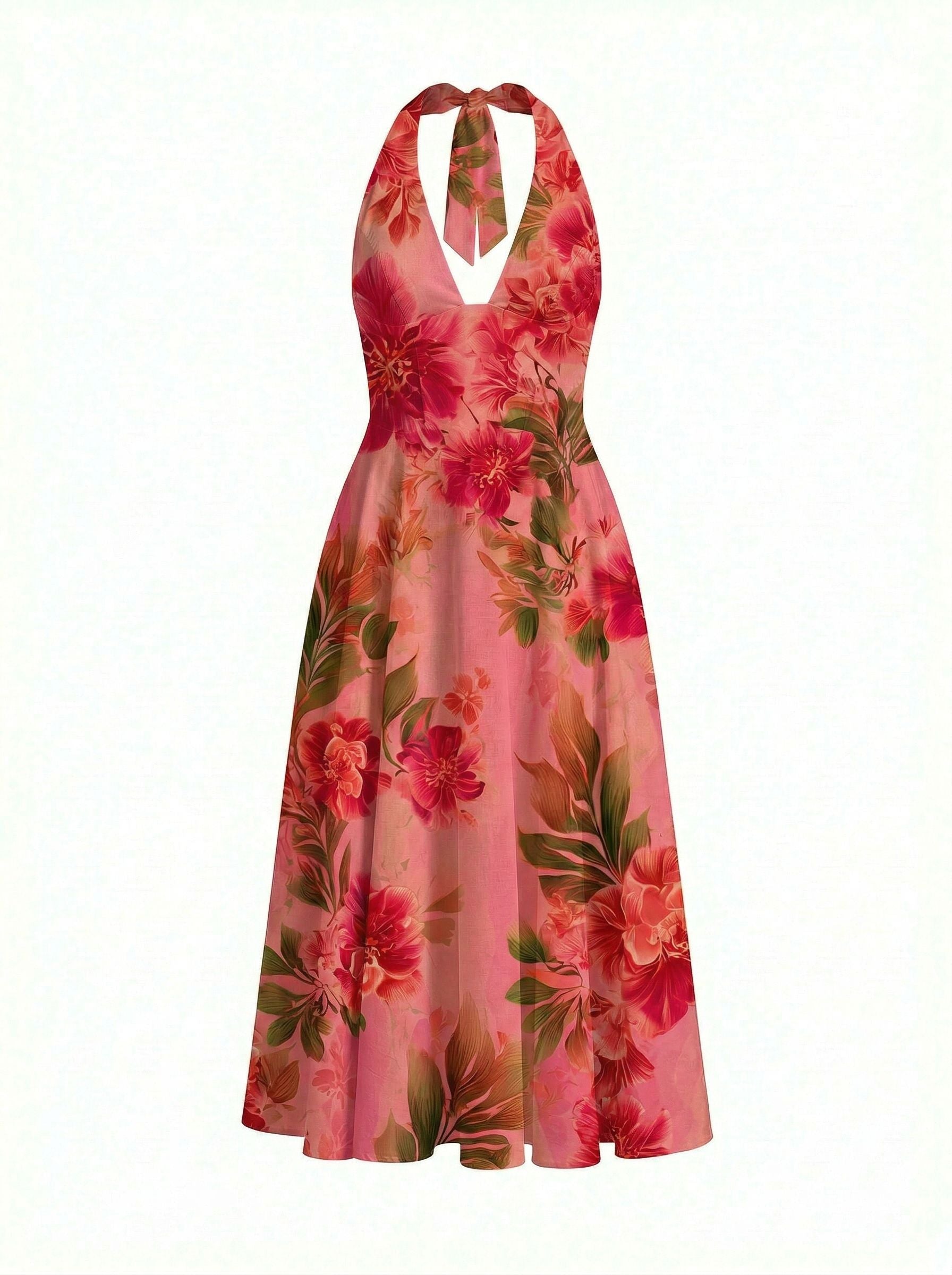 Floral Print Halter Neck Tie Back Midi Dress