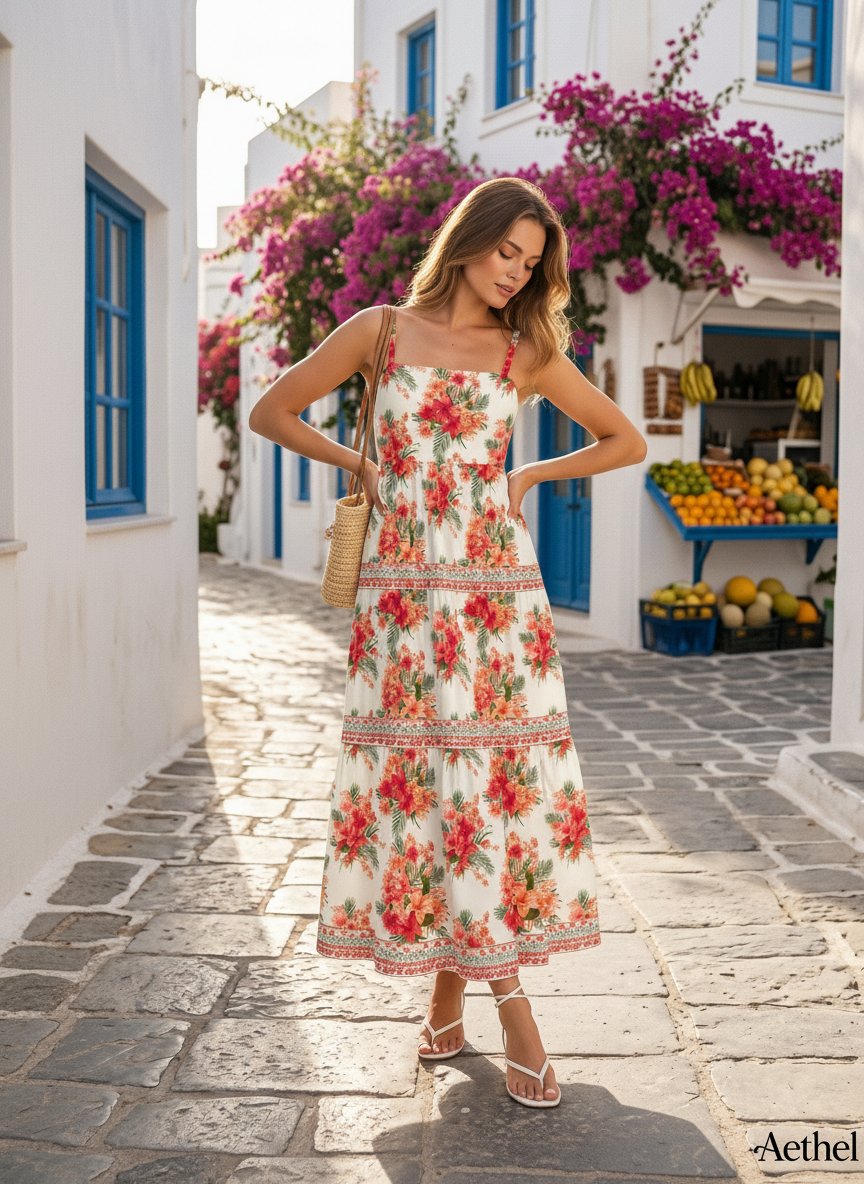 FLORA Floral Print Tiered Strap Midi Dress