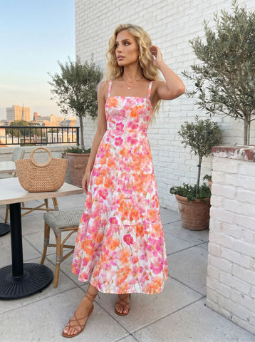 tiantian yu's Pink Floral Print Midi Dress