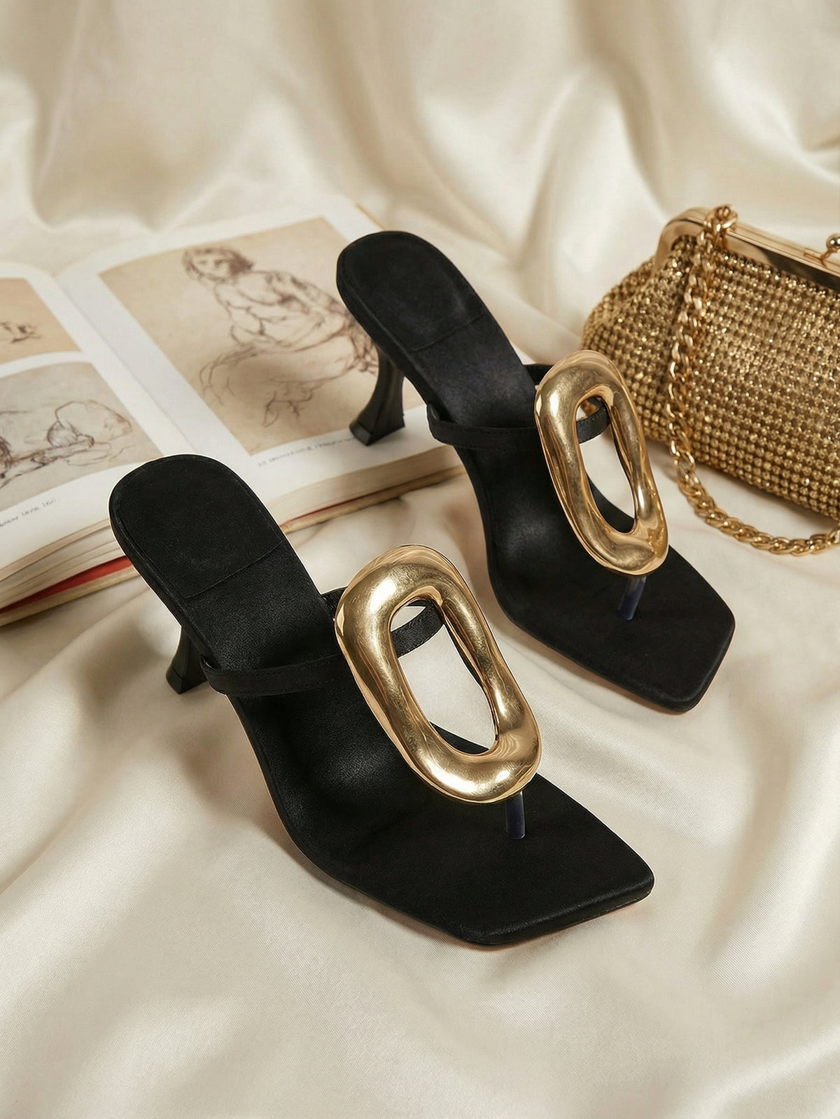Geometric Metallic Detail Square-Toe Slingback Modern Sandals