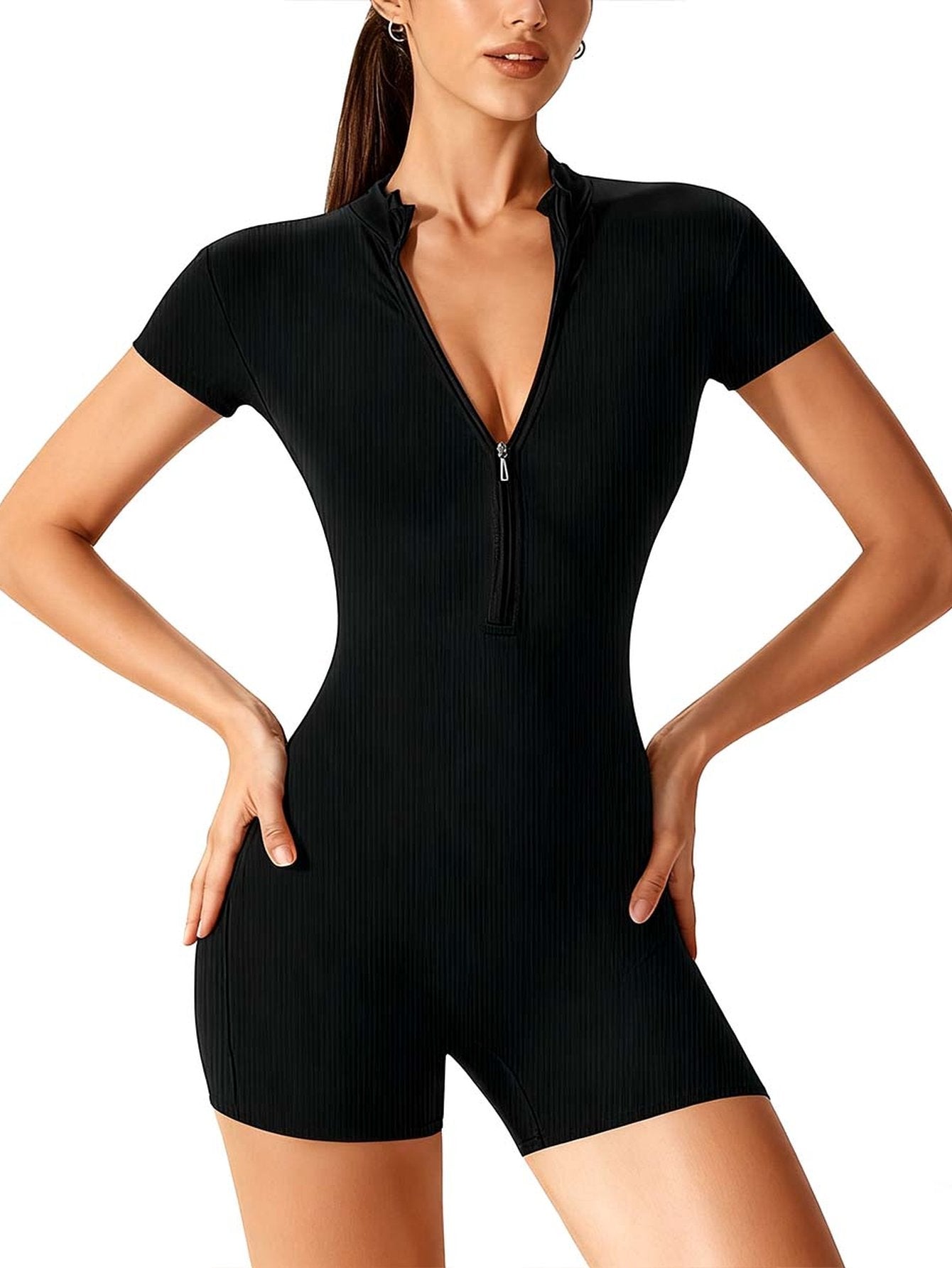 Ribbed Zip Up Workout Romper