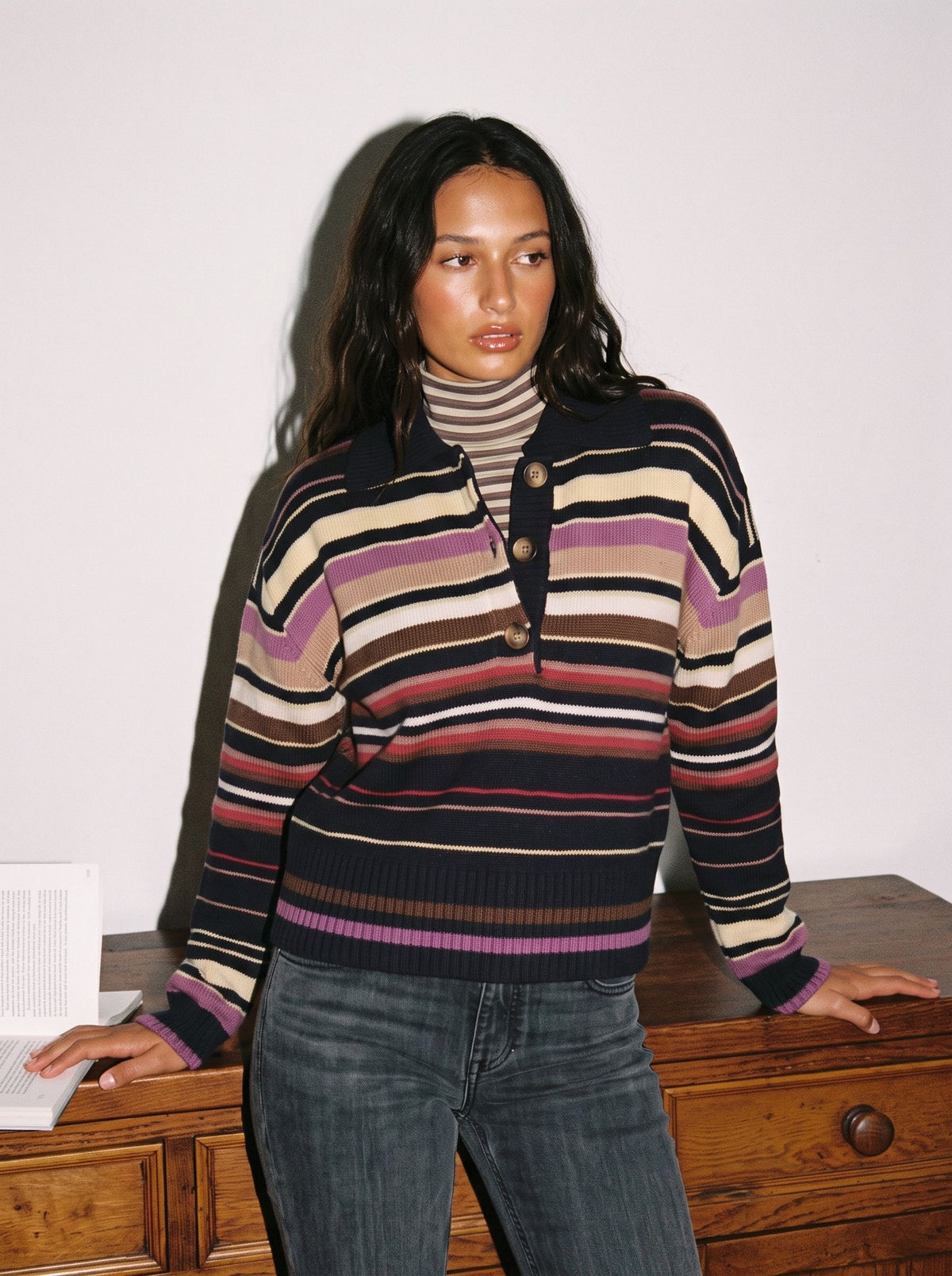 Vintage Striped Collared Knit Cardigan
