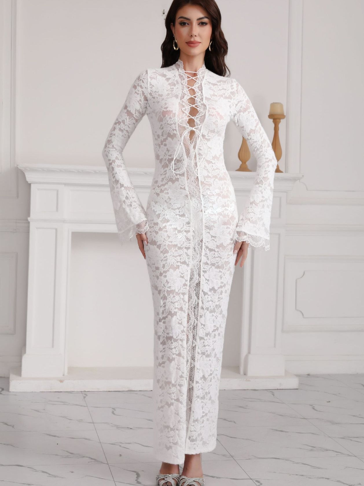 Lace High-Slit Vacation Midi Evening Dress-White