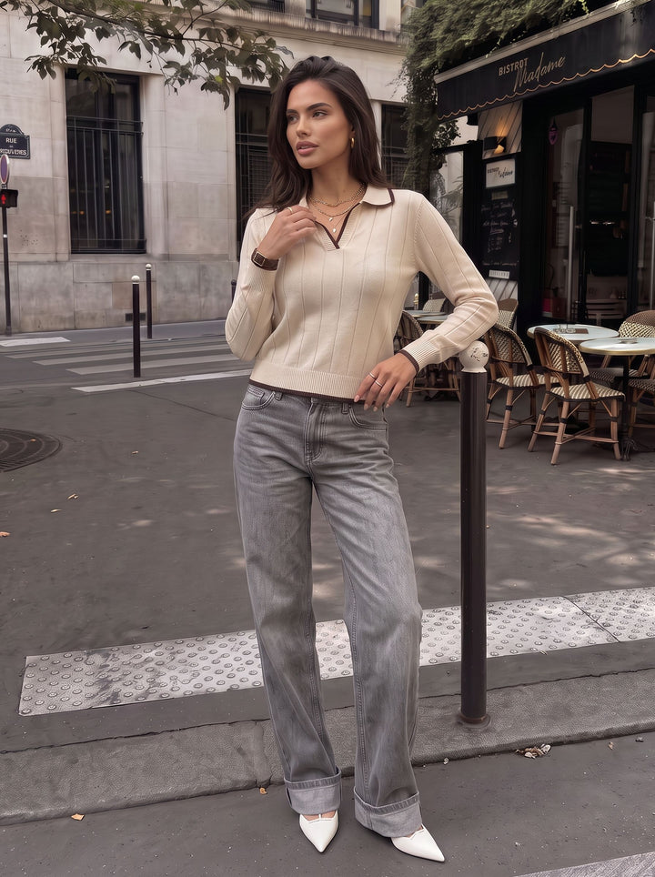 Elegant Ribbed Collared Knit Sweater