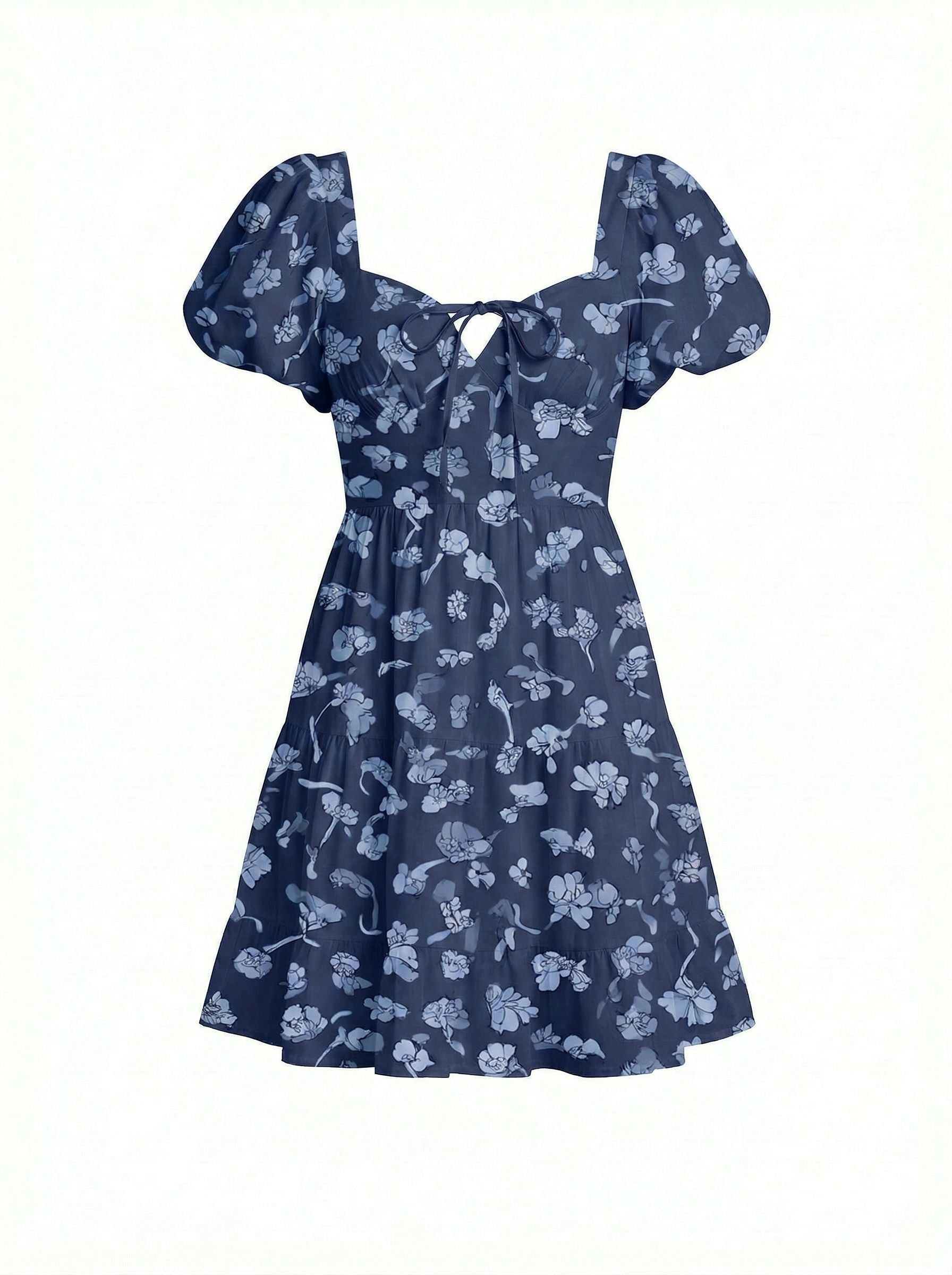 AYLA Floral Print Puff Sleeve Tiered Mini Dress