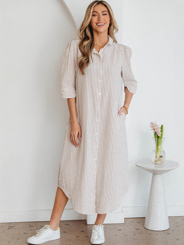 Striped Puff Sleeve Midi Dress