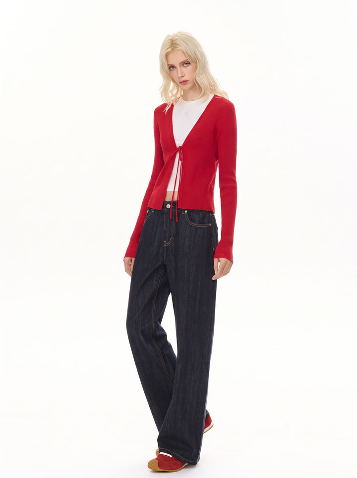 Cropped Tie Front Ribbed Cardigan