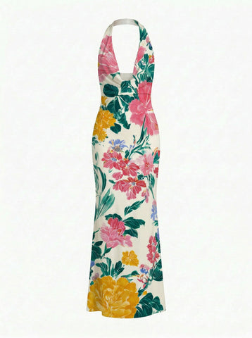 LILA Floral Print Cowl Neck Bodycon Midi Dress