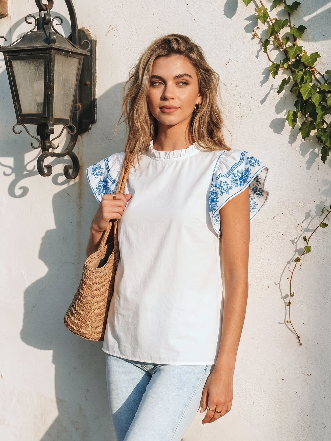 Embroidered Flutter Sleeve Blouse
