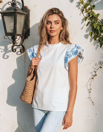 Embroidered Flutter Sleeve Blouse