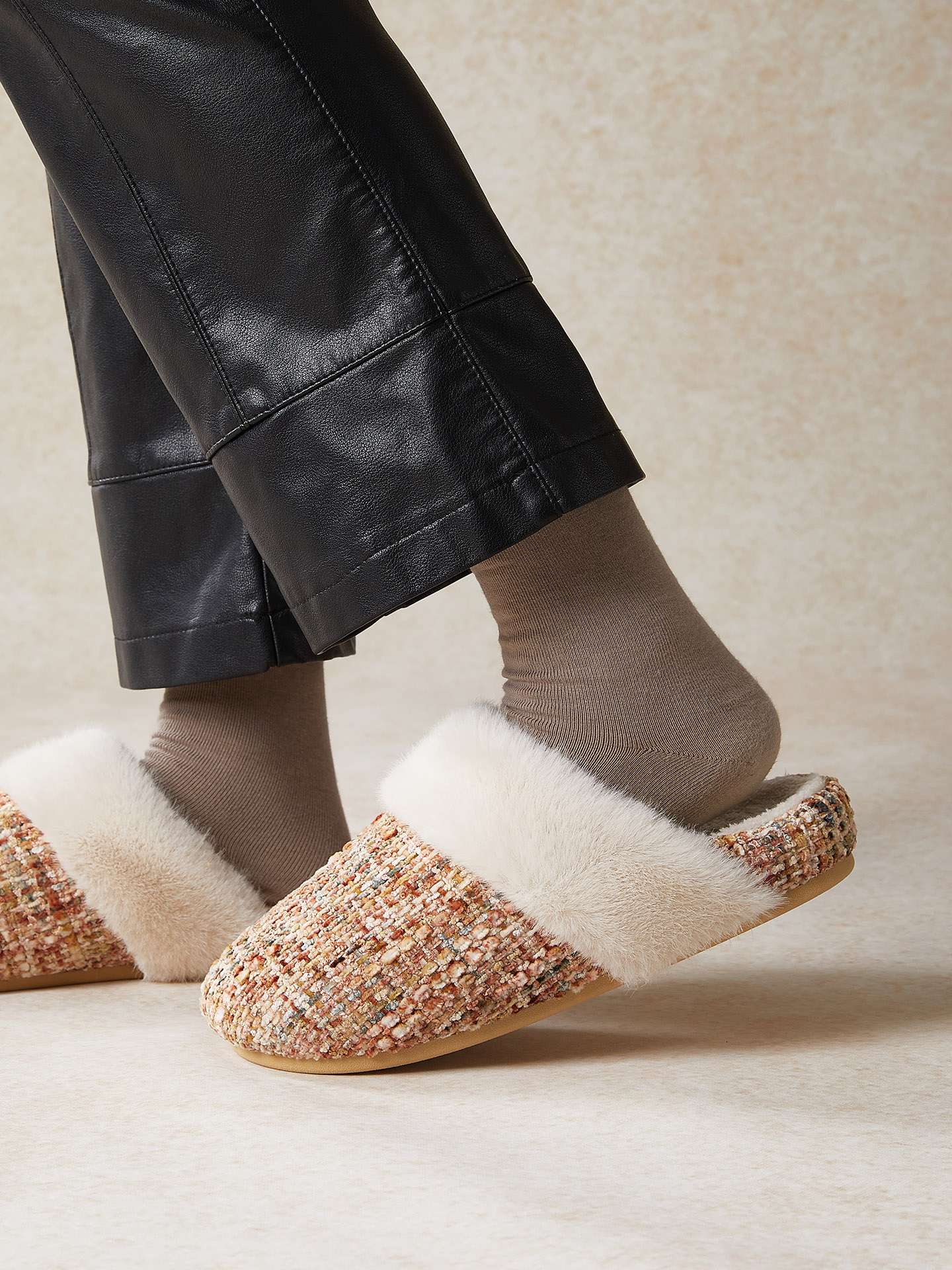 Cozy Faux Fur Tweed House Slippers