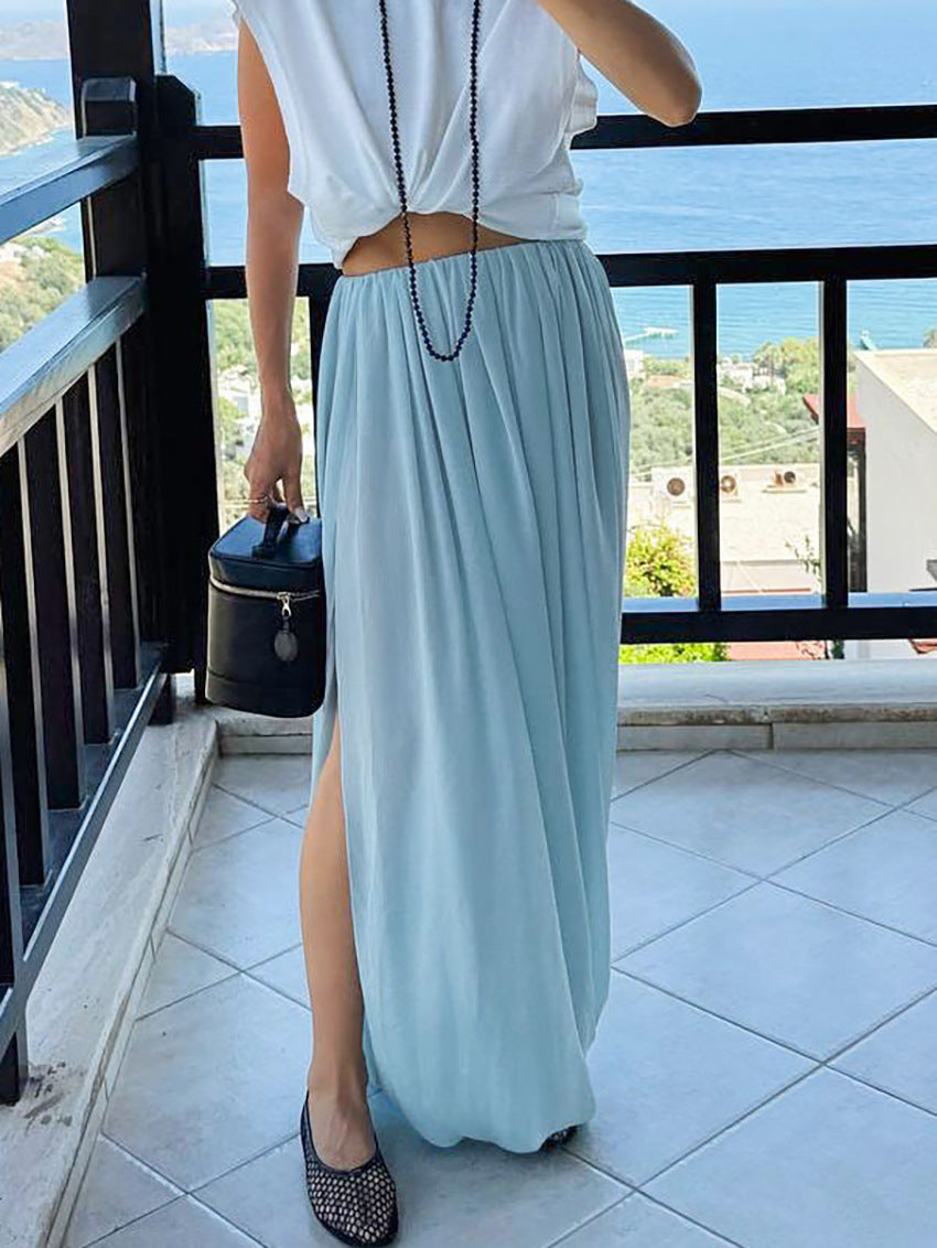 Flowy Draped High Waisted Midi Skirt