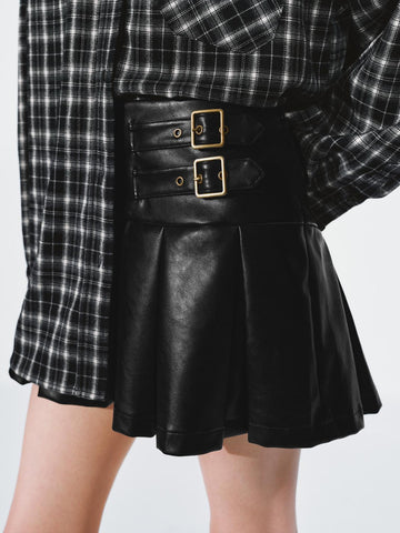 Urban Revivo Faux Leather Buckle Detail Pleated Mini Skirts-Black