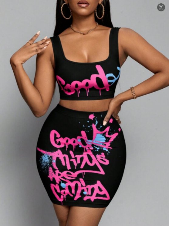 Graffiti Print Crop Top Skirt Set