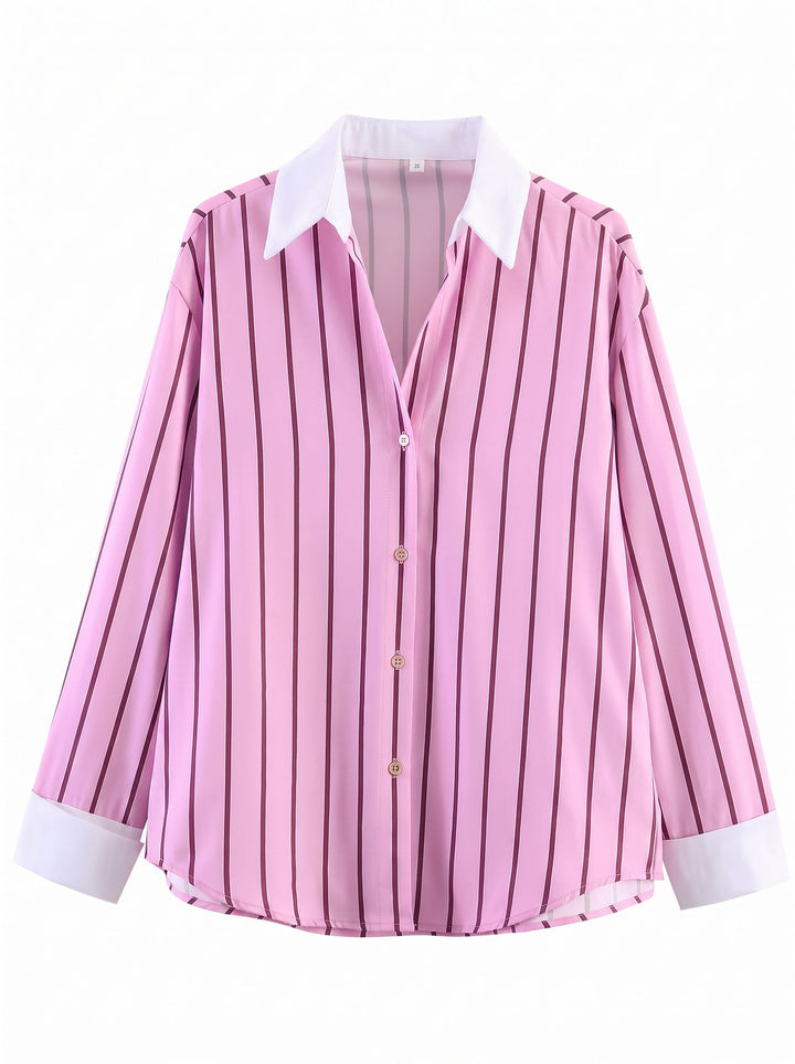 Oversized Striped Contrast Collar Button Down Shirt