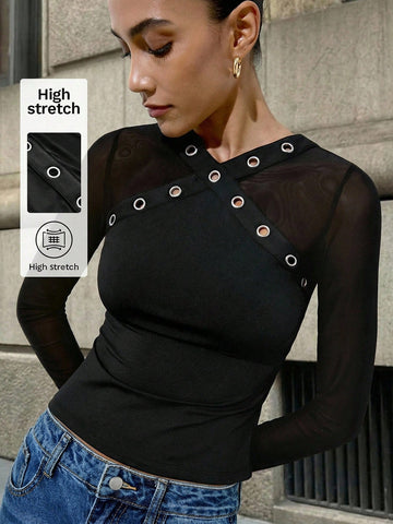 Stretchy Grommet Detail Mesh Top