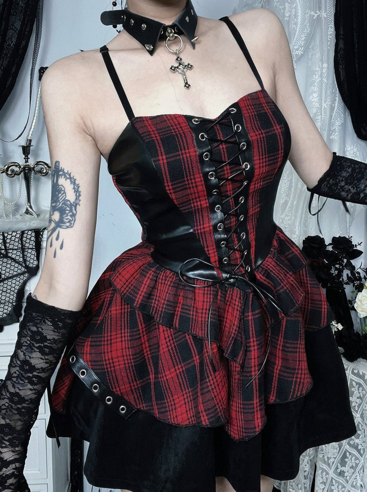 Gothic Plaid Lace Corset Dress