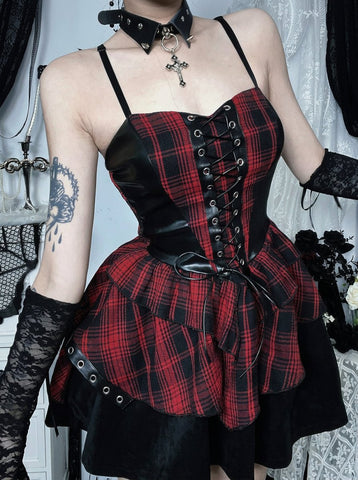 Gothic Plaid Lace Corset Dress