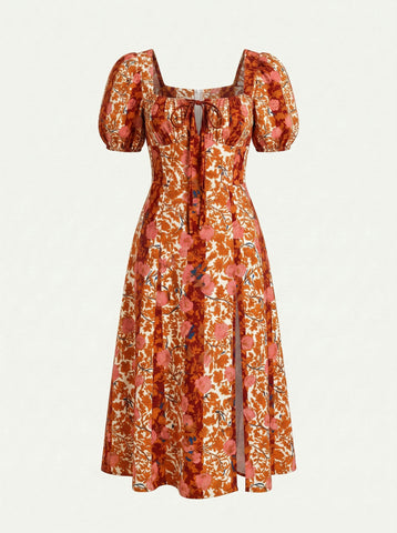 Floral Print Puff Sleeve Tie MidiDress