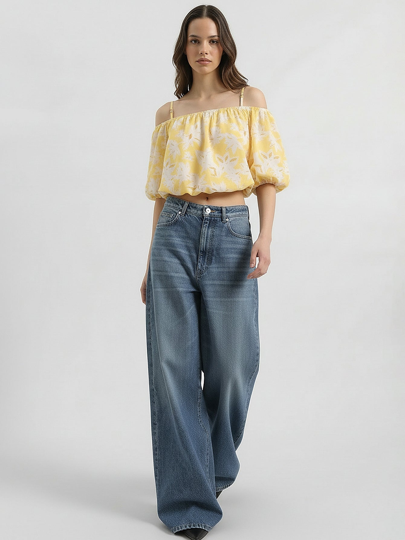 Off-shoulder Flower Print Top