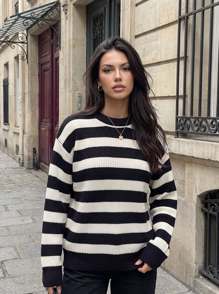 Oversized Striped Crewneck Knit Pullover Sweater